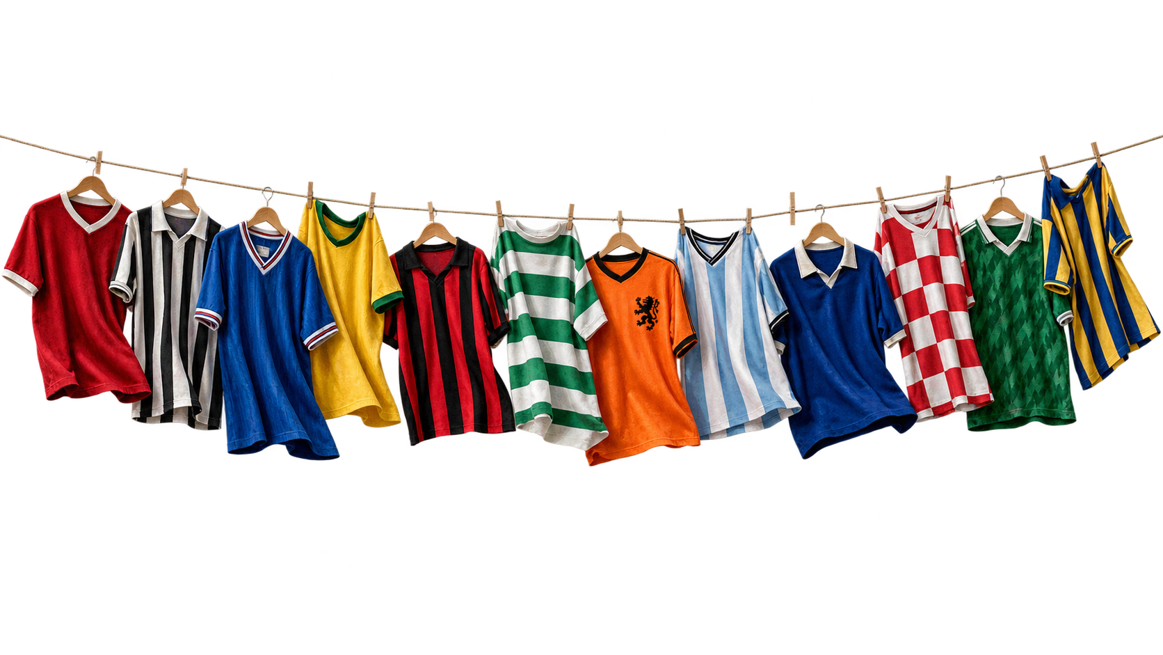 A colorful row of classic football shirts hanging on a line